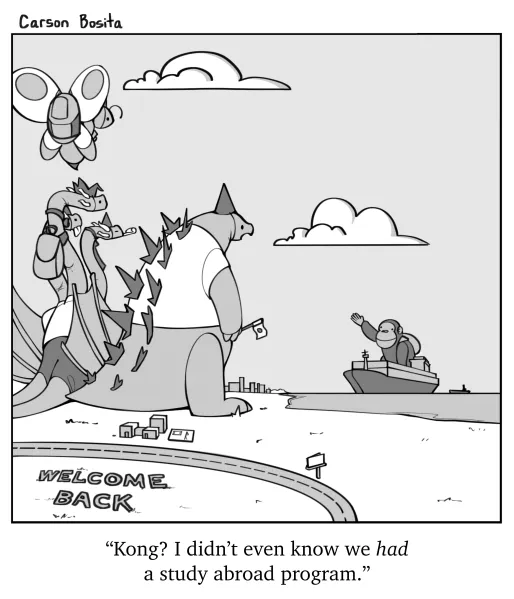 Godzilla stands on a shore