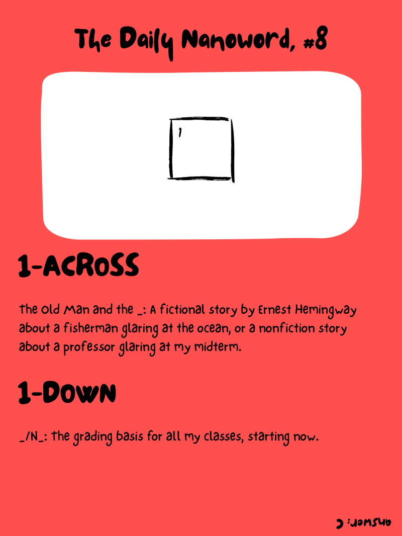 Nanoword #8 1 The Daily produces nanowords whenever we feel like it, along with mini crosswords three times a week and a full-size crossword biweekly. It’s a 1×1 grid, solvable for even our most AI-dependent readers.