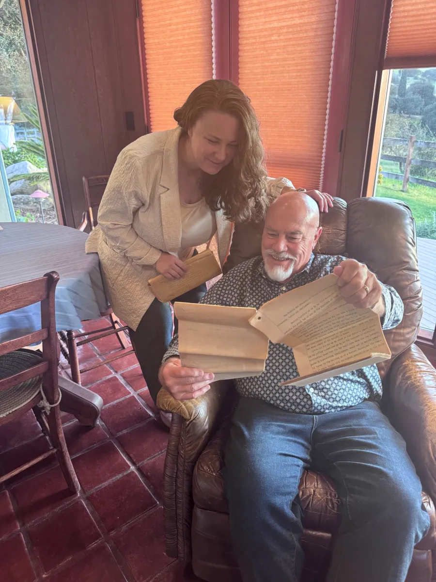 Unearthed 128-year-old speech provides glimpse into Leland Stanford’s life 1 Catherine Devlin and Clayton Hall in their sunroom with the rediscovered speech