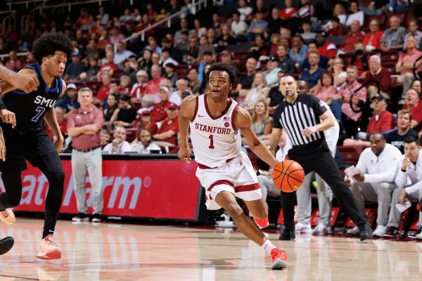 Ebuka Okorie during a game against SMU on Feb 28, 2026. Okorie scored 719 points in his freshman season, which is the third most ever for a Stanford player in a single season. (Photo: BOB DREBIN/ISI Photos)