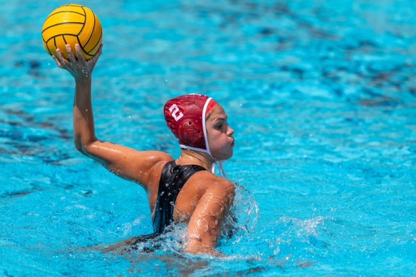 Water polo player winds up a throw.