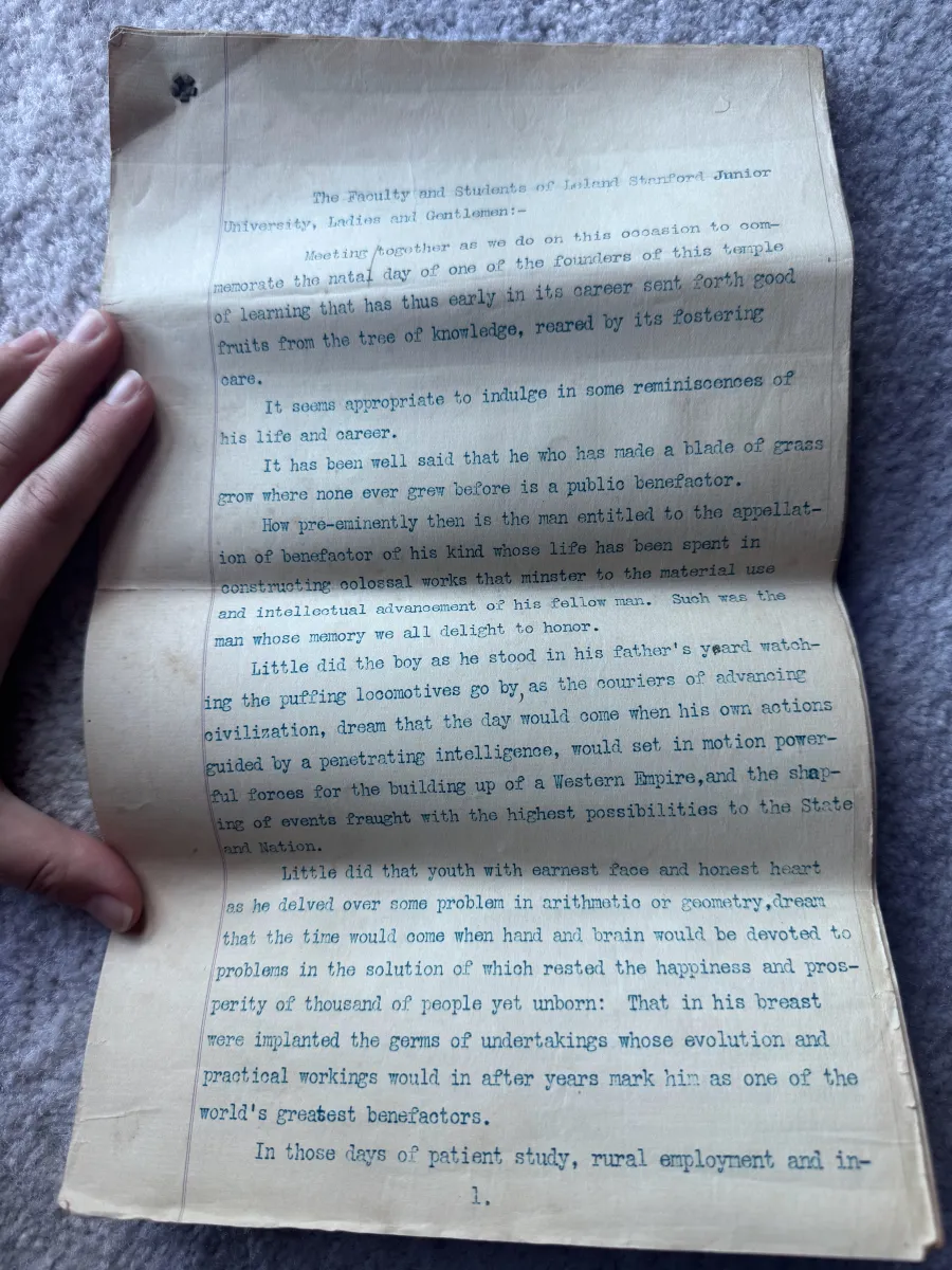 Unearthed 128-year-old speech provides glimpse into Leland Stanford’s life 2 A photo of the rediscovered speech.