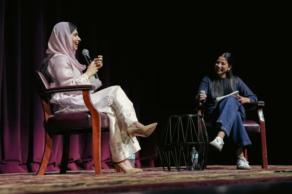 Malala Yousafzai onstage at Memorial Auditorium.