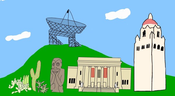 Drawing of different Stanford attractions, including Hoover Tower, Cantor, and the Dish