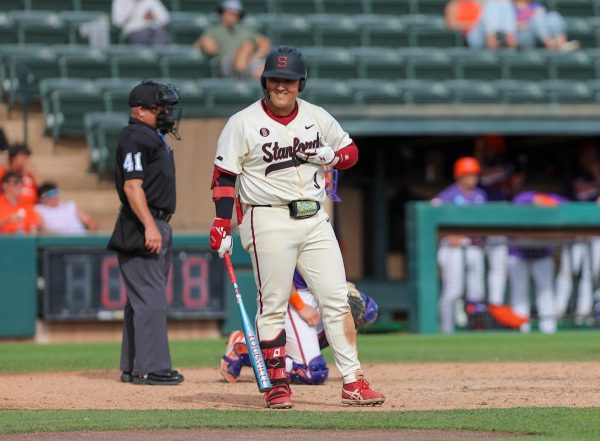 Rintaro Sasaki during a game against Clemson  on April 4, 2026. The sophomore is Stanford baseball's leadoff hitter and first baseman. (Photo: SEAN RIORDAN/ISI Photos)