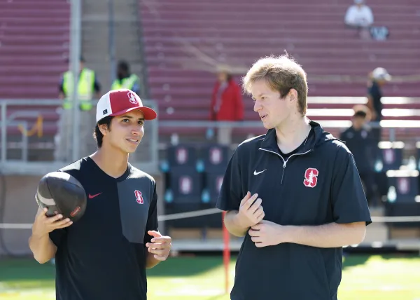 Tommy Kaufman and Robert Muniz were Stanford football student managers for the 2025 season. (Photo: BOB DREBIN/ISI Photos)