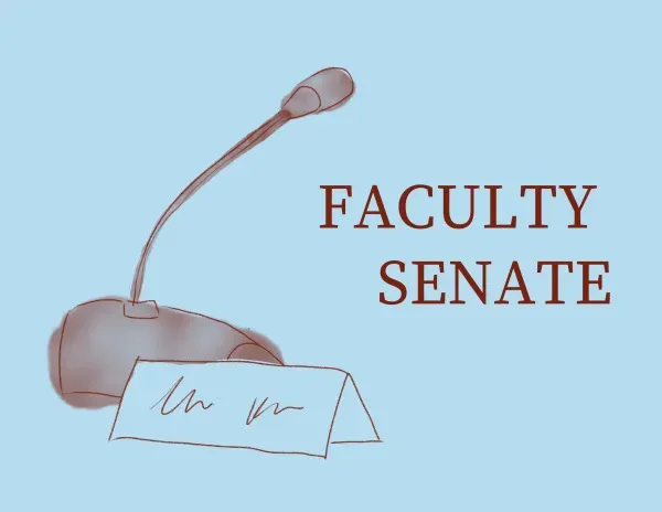 A drawing of a microphone and the words 'faculty senate' on a blue background.