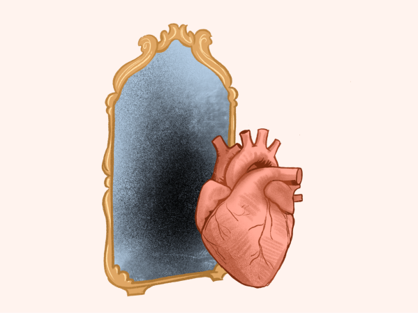 A human heart stands before a mirror, which reflects a dark, ominous spot.