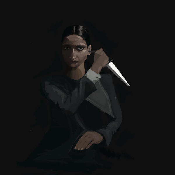 A woman brandishes a knife with her right hand against a black background