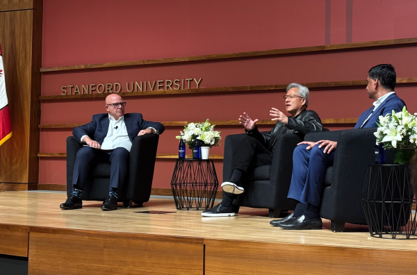 Jensen Huang, Ro Khanna and H.R. McMaster sit on stage.