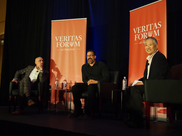 (From left to right) Arthur Brooks, Andrew Huberman and Charles Lee speak as part of Stanford Veritas Forum's “When Will I Be Satisfied?” (Photo: CHARLOTTE BURKS/The Stanford Daily)