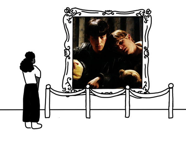 An illustration of a girl looking at a framed shot of two seated boys leaning against each other in a museum