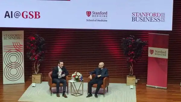 The Google DeepMind CEO and Nobel Laureate talked about the risks of AI and the development of DeepMind in a talk with President Levin (ANGIKAR GHOSAL/The Stanford Daily).