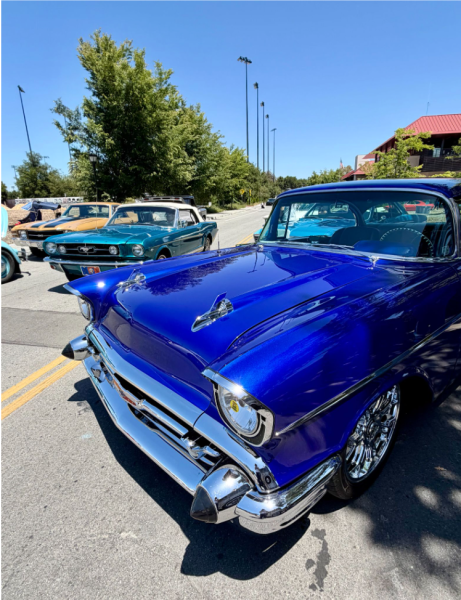Blue car parked in parking lot.