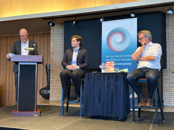Theo Baker ’26 speaks about his debut book, “How to Rule the World: An Education in Power at Stanford University” in a conversation with Rob Reich. (Photo: ALANA BELLE M. TIRADO/The Stanford Daily)