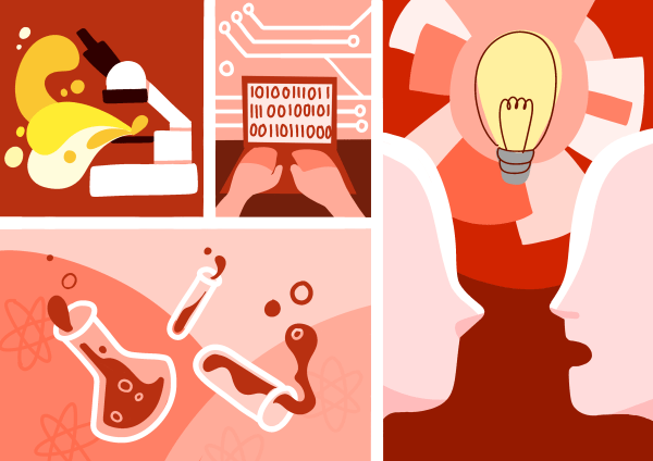 Stanford researchers have been making waves this spring across a variety of fields, including AI, medicine, and sustainability. (Graphic: DA-HEE KIM/The Stanford Daily)