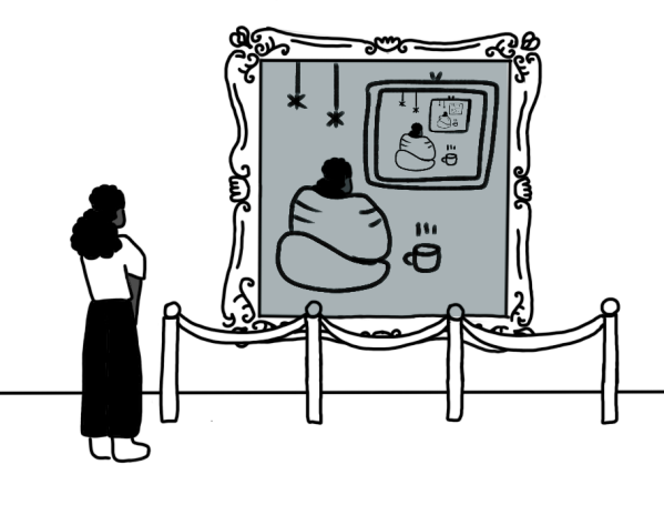 A woman stares at a painting in a gallery of herself watching TV cozily