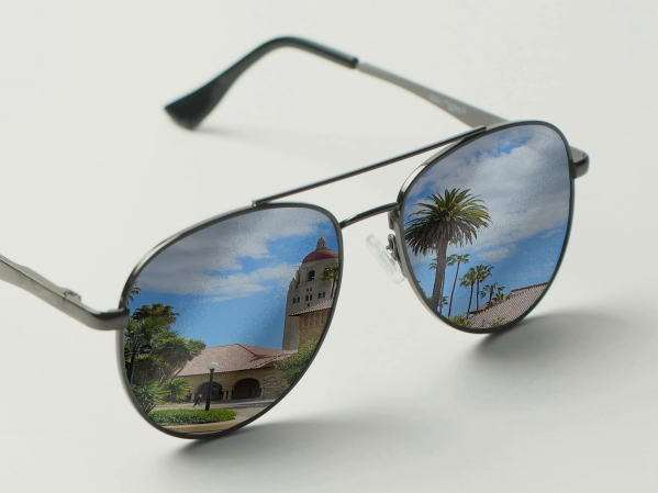 Stanford campus viewed through the reflection on sunglasses.