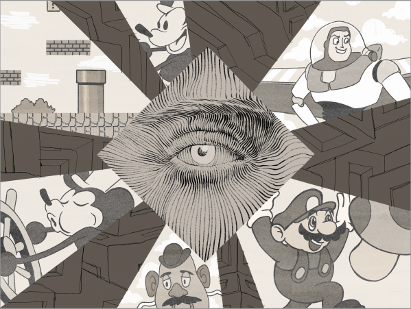 A black-and-white image of an eye (in the style of "The Brutalist") surrounded by characters from popular culture.