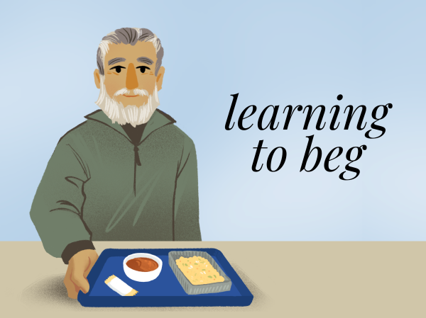 A graphic of a homeless man with a tray of food, saying "learning to beg"