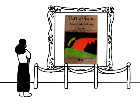 Illustration of a woman looking at a framed version of Mark Doty's poetry book "Turtle Swan"