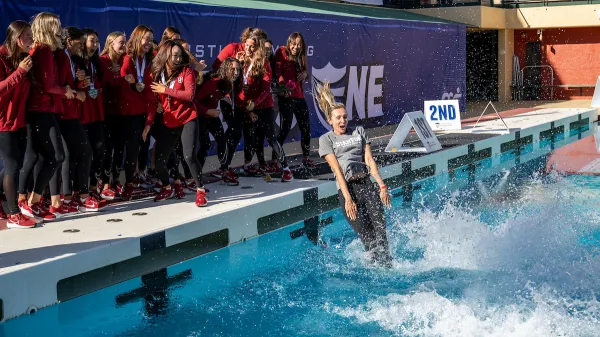 The Stanford artistic swimming team celebrates after the Artistic Swimming U.S. Collegiate Nationals at Avery Aquatic Center on March 28. The artistic swimming squad was one of several Stanford teams that played for championships this year. (Photo: LYNDSAY RADNEDGE/ISI Photos)