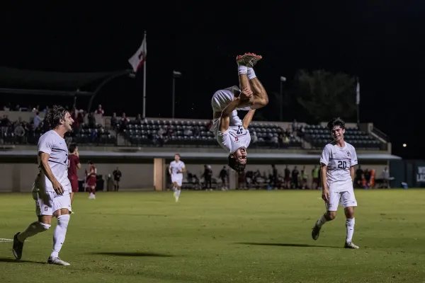 Trevor Islam does his signature celebratory backflip during a game  against Boston College at Maloney Field at Laird Q. Cagan Stadium on Sept. 28, 2025. Islam, a walk-on player, has quickly become one of Stanford's best players. (Photo: KAREN HICKEY/ISI Photos)
