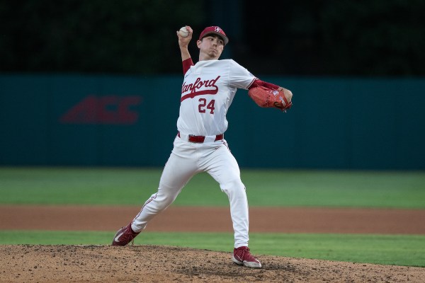 Stanford pitcher Aidan Keenan during his pitching windup in a game.