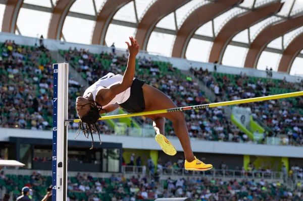 Alyssa Jones high jumping at the NCAA Track and Field Championships on June 13, 2026 in Eugene, Oregon. (Photo: JOHN LOZANO/ISI Photos)