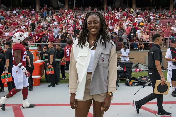 Nneka Ogwumike before a Stanford football game against the University of Southern California at Stanford Stadium on Sept. 10, 2022. Ogwumike, who played four seasons at The Farm, announced her retirement from the WNBA following the season. (Photo: JIM SHORIN/ISI Photos)