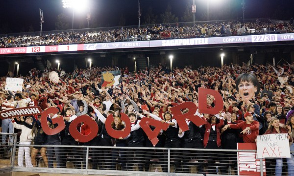 Stanford Red Zone during 2025 Big Game at Stanford Stadium. Fleet Street acapella group can be seen displaying a big, red "GO CARD." (Photo: BOB DREBIN/ISI Photos)