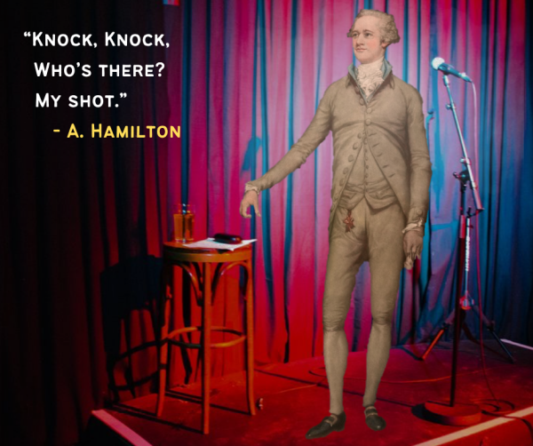 A drawing with Alexander Hamilton on a stage.