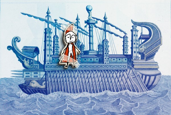 A stylized cartoon of Odysseus on a ship.