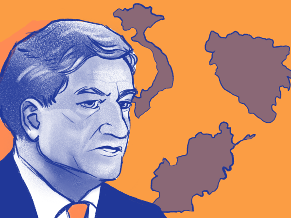 A cartoon of Richard Holbrooke surrounded by outlines of Vietnam, Bosnia, and Afghanistan