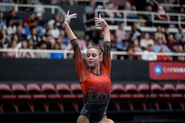 Levi Jung-Ruivivar performs on beam during a meet against UCLA at Stanford Maples Pavilion on March 7, 2026. Jung-Ruivivar returned to gymnastics while representing the Philippines at the Asian Games this past week. (Photo: KAREN HICKEY/ISI Photos)