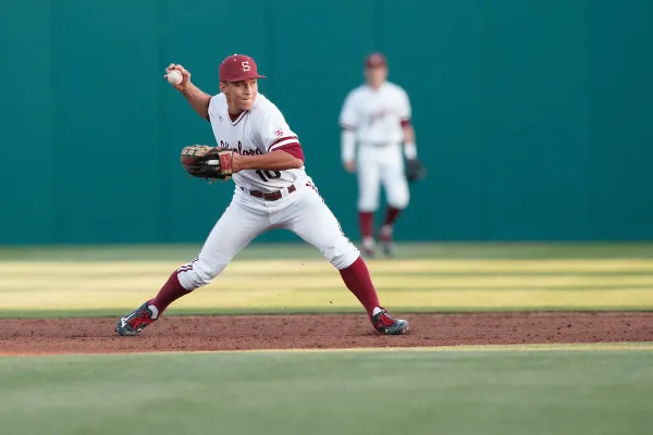 Tommy Edman '17 in a game against Oregon on May 27, 2016. Edman was Stanford's starting shortshop his junior year before the St. Louis Cardinals drafted him in 2016. (Photo: BOB DREBIN/ISI Photos)