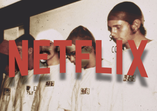 A photo of prisoners from the original Stanford Prison Experiment with the word "Netflix" overlaid in red.