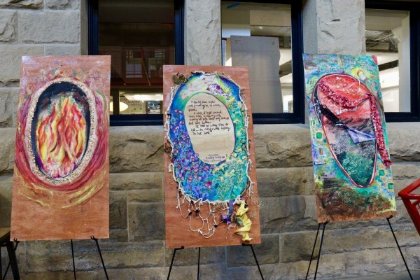 A triptych of three colorful paintings.
