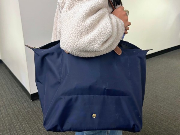 A student holds a Longchamp bag.