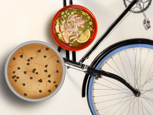 A pizookie, a bowl of pho, and a bike.
