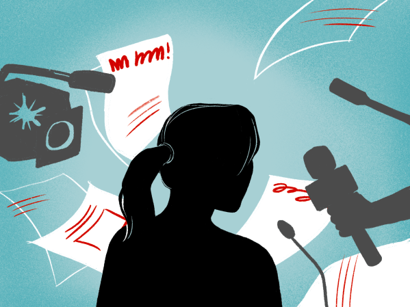 Drawing of woman with microphones and papers surrounding her.