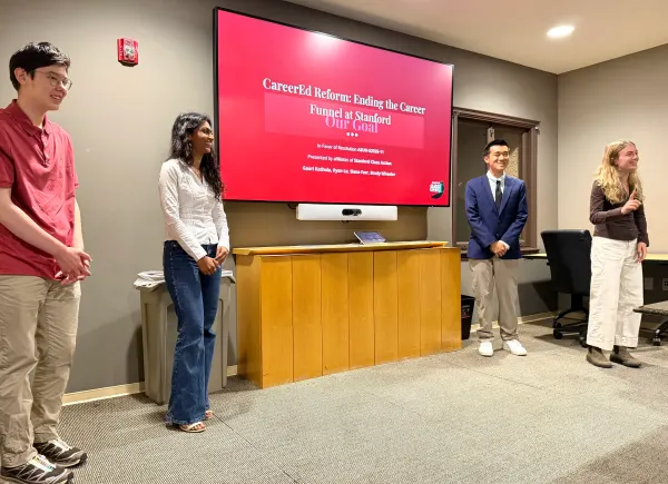 Class Action affiliates present on a resolution for reforming CareerEd. (Photo: HELEN GRIFFITH/The Stanford Daily)