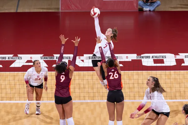 Julia Blyashov spikes the ball during a game against Virginia Tech on Oct. 2. Blyashov was one of three Cardinal who recorded a double-double in Friday's 3-1 win over Notre Dame. (Photo: MIKE RASAY/ISI Photos)