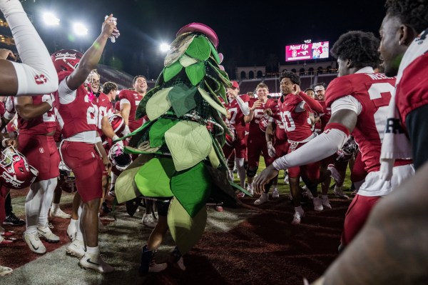 Football players circled around the Stanford tree mascot.