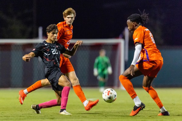 Freshman forward Logan Tsopanoglou earned a red card in the 81st minute of Sunday's game against Clemson. (Photo: MATTHEW HUANG/ISI Photos)