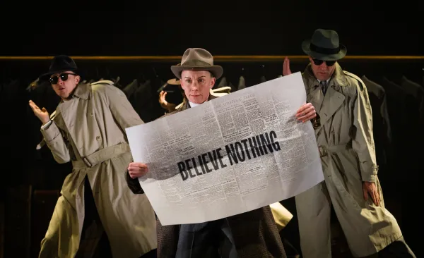 Simon Oskarsson, Katy Owen and Ewan Wardrop perform onstage in “North by Northwest.” (Photo: Courtesy of Steve Tanner)