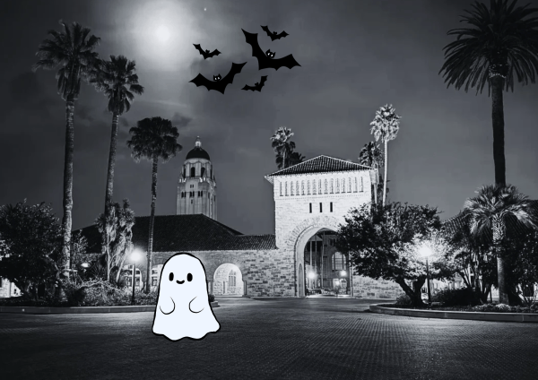 A black and white photo of Stanford's Main Quad with bats and a ghost.