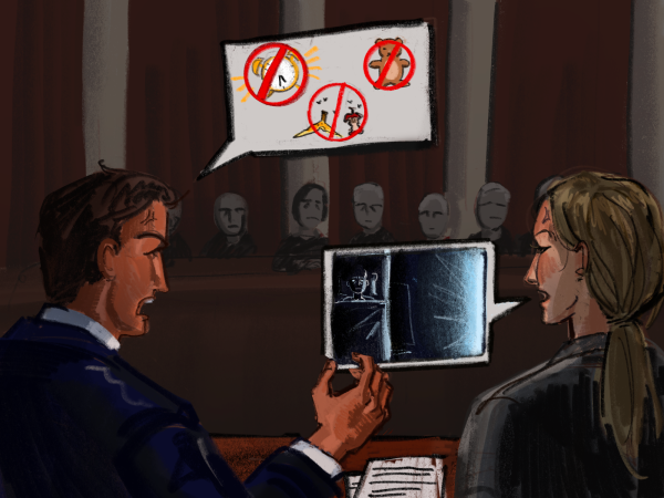 Drawing of judges arguing in a courtroom.