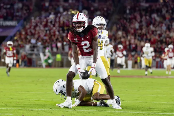 Zion Robinson celebrates after a catch during a game against Georgia Tech at Stanford Stadium on Sept.26. Robinson will look to get the offense back on track after a poor showing last game. (Photo: JOHN LOZANO/ISI Photos)