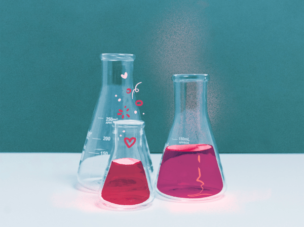 Beakers filled with pink potions, surrounded by hearts.